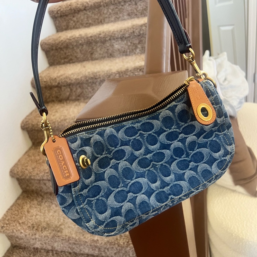 Coach Blue Crescent Shoulder Bag with Gold Hardware